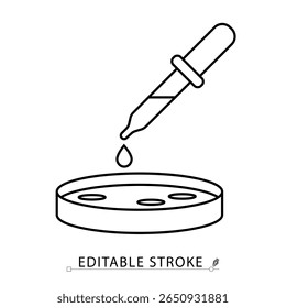 Um exemplo de ícone soltar em estilo minimalista com traçado editável. Pipeta de laboratório, placa de petri, teste de líquido, amostra clínica, análise médica, pesquisa biológica, objeto de contorno, ilustração vetorial.