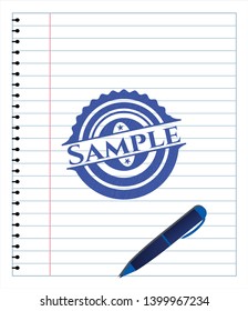 Sample emblem draw with pen effect. Blue ink. Vector Illustration. Detailed.