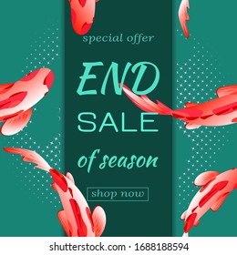 Sample End of season sale banner. Aquarium with carps. Vector illustration for design in bright red, blue-green turquoise and white colors.