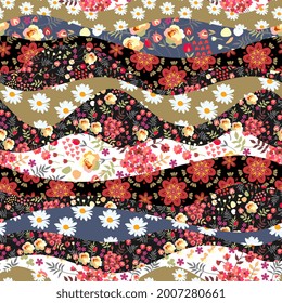 Sample of fabric for a flamenco dress. Smooth wavy stripes decorated with floral patterns of roses, daisies, tulips on a multi-colored substrate. Seamless pattern, wallpaper, vector.