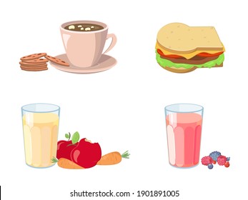 Sample food at each meal. Collection of cartoon appetizing fresh food and drink vector graphic illustration.