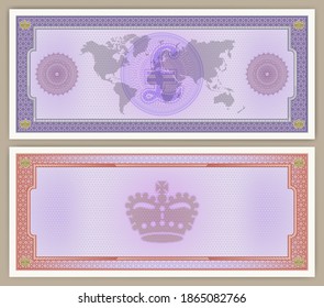 Sample form of a paper check or banknote with a pound sign without denomination. Violet, red frames. Guilloche patterns. Obverse and reverse of bond. Map of world. Crown. EPS10