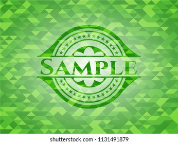 Sample green emblem. Mosaic background