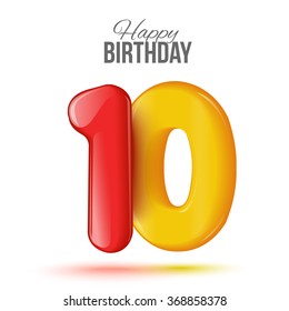 Sample greeting card to the 10 th anniversary. Air 3D red numbers from the figures. Invitation card to the party with balloons on a white background. Suitable for printing, web delivery, the jubilee