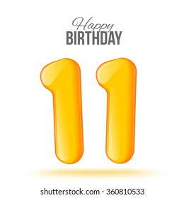 Sample greeting card to the 11 th anniversary. Air 3D red numbers from the figures. Invitation card to the party with balloons on a white background. Suitable for printing, web delivery, the jubilee