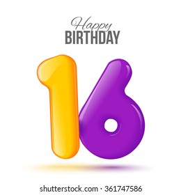 Sample greeting card to the 16 th anniversary. Air 3D red numbers from the figures. Invitation card to the party with balloons on a white background. Suitable for printing, web delivery, the jubilee
