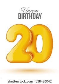 Sample greeting card to the 20 th anniversary. Air 3D red numbers from the figures. Invitation card to the party with balloons on a white background. Suitable for printing, web delivery, the jubilee