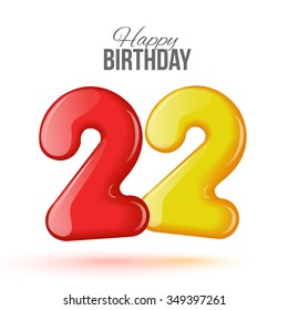 Sample greeting card to the 22 th anniversary. Air 3D red numbers from the figures. Invitation card to the party with balloons on a white background. Suitable for printing, web delivery, the jubilee