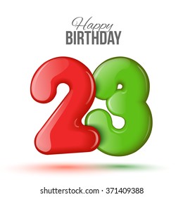 Sample greeting card to the 23 th anniversary. Air 3D red numbers from the figures. Invitation card to the party with balloons on a white background. Suitable for printing, web delivery, the jubilee