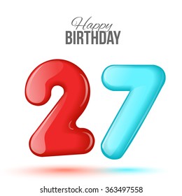 Sample greeting card to the 27 th anniversary. Air 3D red numbers from the figures. Invitation card to the party with balloons on a white background. Suitable for printing, web delivery, the jubilee