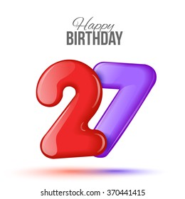 Sample greeting card to the 27 th anniversary. Air 3D red numbers from the figures. Invitation card to the party with balloons on a white background. Suitable for printing, web delivery, the jubilee