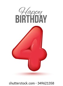 Sample greeting card to the 4 th anniversary. Air 3D red numbers from the figures. Invitation card to the party with balloons on a white background. Suitable for printing, web delivery, the jubilee