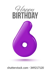 Sample greeting card to the 6 th anniversary. Air 3D red numbers from the figures. Invitation card to the party with balloons on a white background. Suitable for printing, web delivery, the jubilee