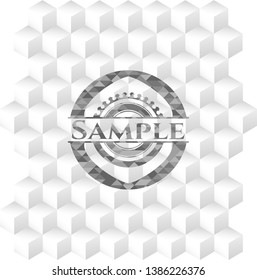 Sample grey badge with geometric cube white background