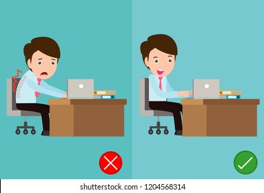 The sample of the guy sitting in wrong and right ways, correct and incorrect posture,health care concept. office syndrome vector illustration.