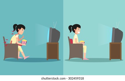 The sample of the guy sitting in wrong and right ways for watching tv, illustration, vector