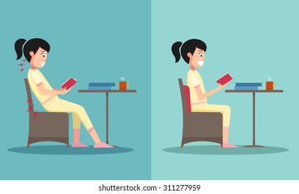 The sample of the guy sitting in wrong and right ways, illustration, vector