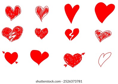 Sample of heart icons. Set of red hearts in different poses. Collection of heart illustrations in a different style. Hand drawn by a child.