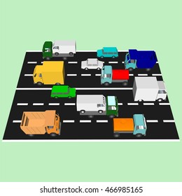 Sample Highway traffic isometric with top view auto and trucks on asphalt road. Vector illustration.