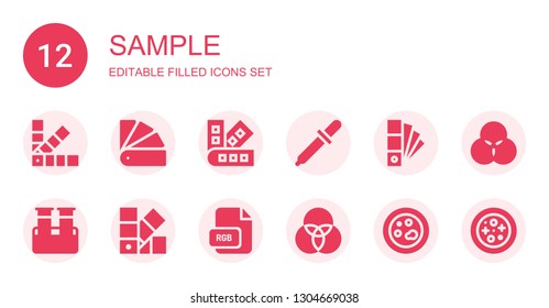 sample icon set. Collection of 12 filled sample icons included Pantone, Eyedropper, Blood sample, Rgb, Petri dish