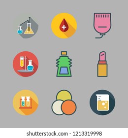 sample icon set. vector set about lipstick, test tubes, flask and gel icons set.