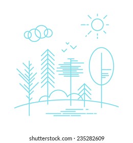 Sample illustration of linear nature landscape, geometric lines of trees, stylish modern design