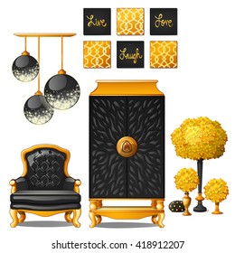 Sample interior with vintage furnishings, black and yellow. Vector illustration.