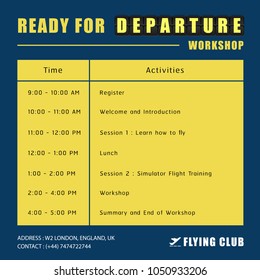 A sample layout template of Timeline Schedule about Aviation or Flying workshop in navy-yellow theme which can change text and colour.