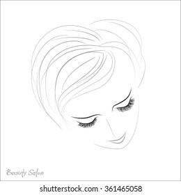 Sample logo for a beauty salon, beauty products. Eyelash. Female face silhouette. Vector. Hand drawing, lettering, fashion, beauty, sketch