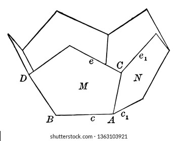 The sample of the lower half of the regular dodecahedron. A regular dodecahedron is a polyhedron with twelve similar pentagonal faces, vintage line drawing or engraving illustration.