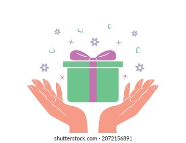 Sample. Man's hands catch a gift in a beautiful package. Close-up. The box is decorated with a lilac bow. Multi-colored image on a white background. Vector illustration.