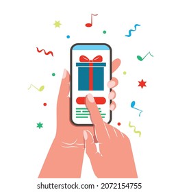 Sample. Man's hands are holding a smartphone. On the screen is an image of a gift. Multi-colored image on a white background. Vector illustration.