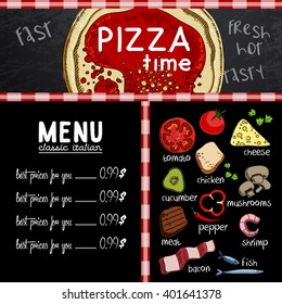 Sample menu design in the pizzeria, freehand drawing