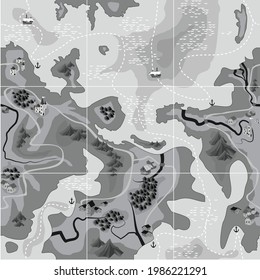 A sample of a monochrome seamless background in gray, on the theme of a geographical map and travel in a fantastic country