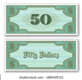 Certificado de papel de ejemplo por 50 dólares. Inverso y reverso de la ley. Malla. EPS10