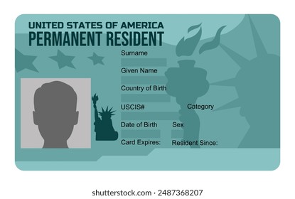 Sample of a Permanent Resident Card isolated on white background. Cartoon Green card of the United States.