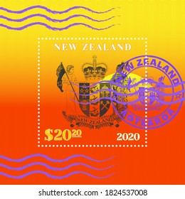 Sample of a postage stamp with wavy stripes. Coat of arms made of strokes against the sunset. Purple seal with Maori inscription New Zealand