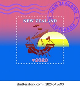 Sample of a postage stamp with wavy stripes. Stylistic vintage sailing ship. Purple seal with Maori word mean New Zealand