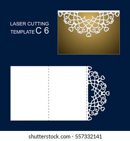 Sample postcard or envelope C6 for plotter cutting. White vector sketch on blue background. Template for laser cutting in Eastern, Islamic, Muslim, Asian, Indian style. Plotter cutting.