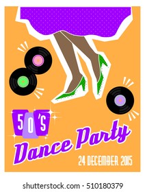 Sample poster for dance party, 1950-s style, legs dancing girl, template vintage banner, retro print, invitation, flyer, postcard, sign, flat, mid-century modern graphic, vector EPS8