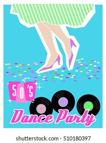 Sample poster for dance party, 1950-s style, legs dancing girl, template vintage banner, retro print, invitation, flyer, postcard, sign, flat, mid-century modern graphic, vector EPS8