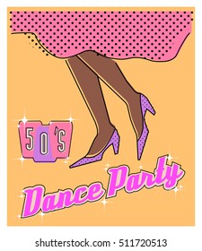 Sample poster for dance party, 1950-s style, legs dancing girl, template vintage banner, retro print, invitation, flyer, postcard, sign, flat, mid-century modern graphic, vector EPS8