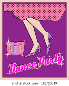 Sample poster for dance party, 1950-s style, legs dancing girl, template vintage banner, retro print, invitation, flyer, postcard, sign, flat, mid-century modern graphic, vector EPS8