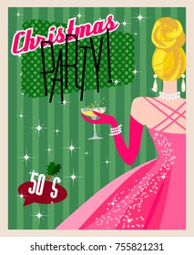 Sample poster for New Year or Christmas party, 1950-s style. Girl in evening dress, glass of champagne. Template banner. Print for invitation, flyer, postcard. Mid-century modern graphic, vector EPS8