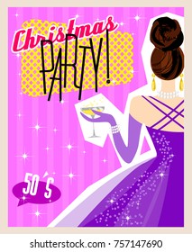 Sample poster for New Year or Christmas party, 1950-s style. Girl in evening dress, glass of champagne. Template banner. Print for invitation, flyer, postcard. Mid-century modern graphic, vector EPS8