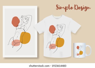 Producto de muestra Línea continua, dibujo de rostros y peinado, concepto de moda, mujer belleza minimalista, ilustración vectorial bastante sexy. Ropa de baño de verano Retrato de mockup Mug, camisa, postal