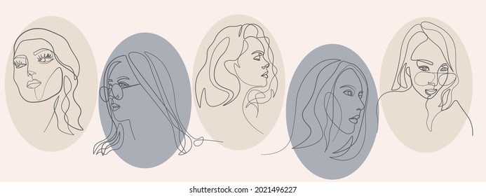 Sample product Surreal Faces Continuous line, drawing of set faces and hairstyle, fashion concept, woman beauty minimalist, vector illustration pretty. Contemporary portrait Mug, shirt, postcard