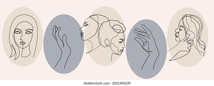 Sample product Surreal Faces Continuous line, drawing of set faces and hairstyle, fashion concept, woman beauty minimalist, vector illustration pretty. Contemporary portrait Mug, shirt, postcard