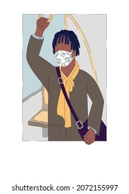 Sample. Protecting health during an epidemic of a viral infection. Young man with a medical mask on his face in public transport. Multi-colored image on a white background. Vector illustration.