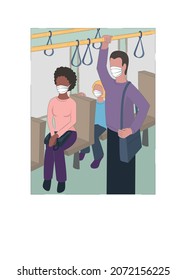 Sample. Protecting Health During An Epidemic Of A Viral Infection. People With Medical Masks On Their Faces On Public Transport. Multi-colored Image On A White Background. Vector Illustration.